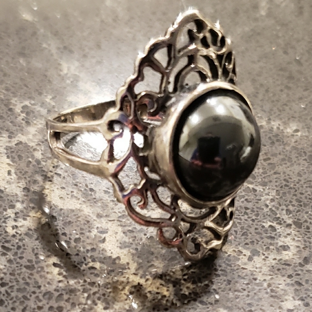Unique Sterling Silver Ring with Dark Gray Hematite Stone